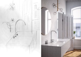 Image of a crudely drawn sketch of a faucet on the left and the rendered image on the right