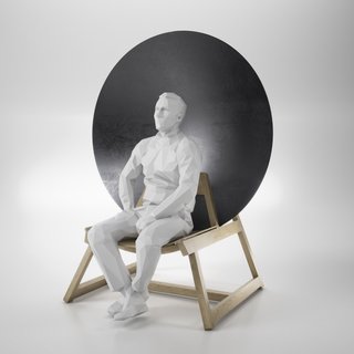 Rendering of a wooden chair with a large parabolic disc behind the backrest