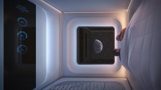 A couple lying in bed in zero gravity